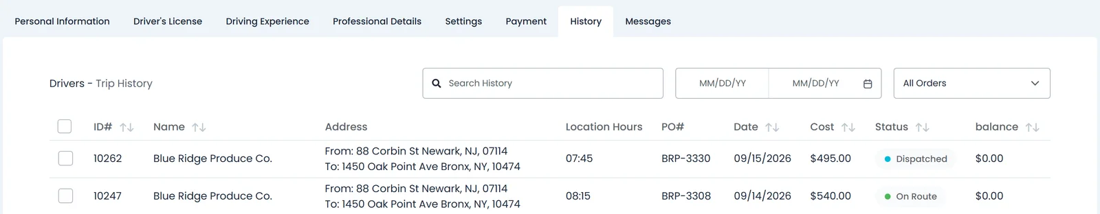 RushHour driver History tab listing the driver's orders with customer, from and to addresses, PO number, date, cost, status and balance