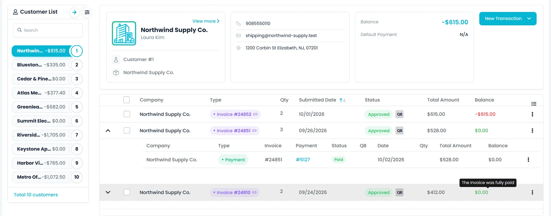 RushHour Accounting: the customer list with balances, and one customer's invoices and payments with status indicators and a balance tooltip