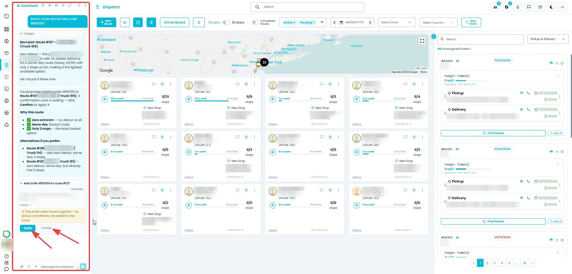 The AI Assistant recommending route #127 for order #89356 with zero extra km on the same day, listing two alternatives, and a proposed assignment card with Apply and Cancel