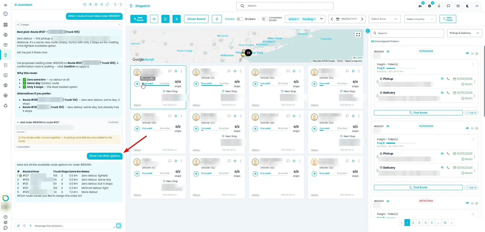 The AI Assistant answering Show me other options with a table of five routes, each with its driver, truck, number of stops, extra km and a short note
