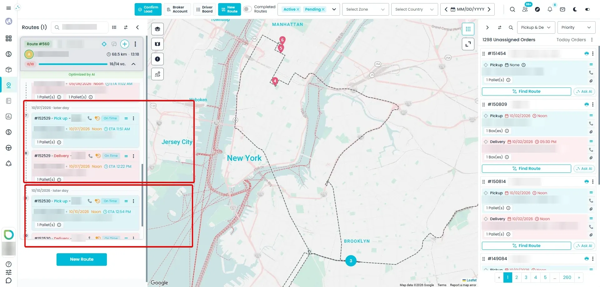 An AI-optimized route whose stops for 10/07/2026 and 10/10/2026 appear after today's stops, each group under a date · later day divider