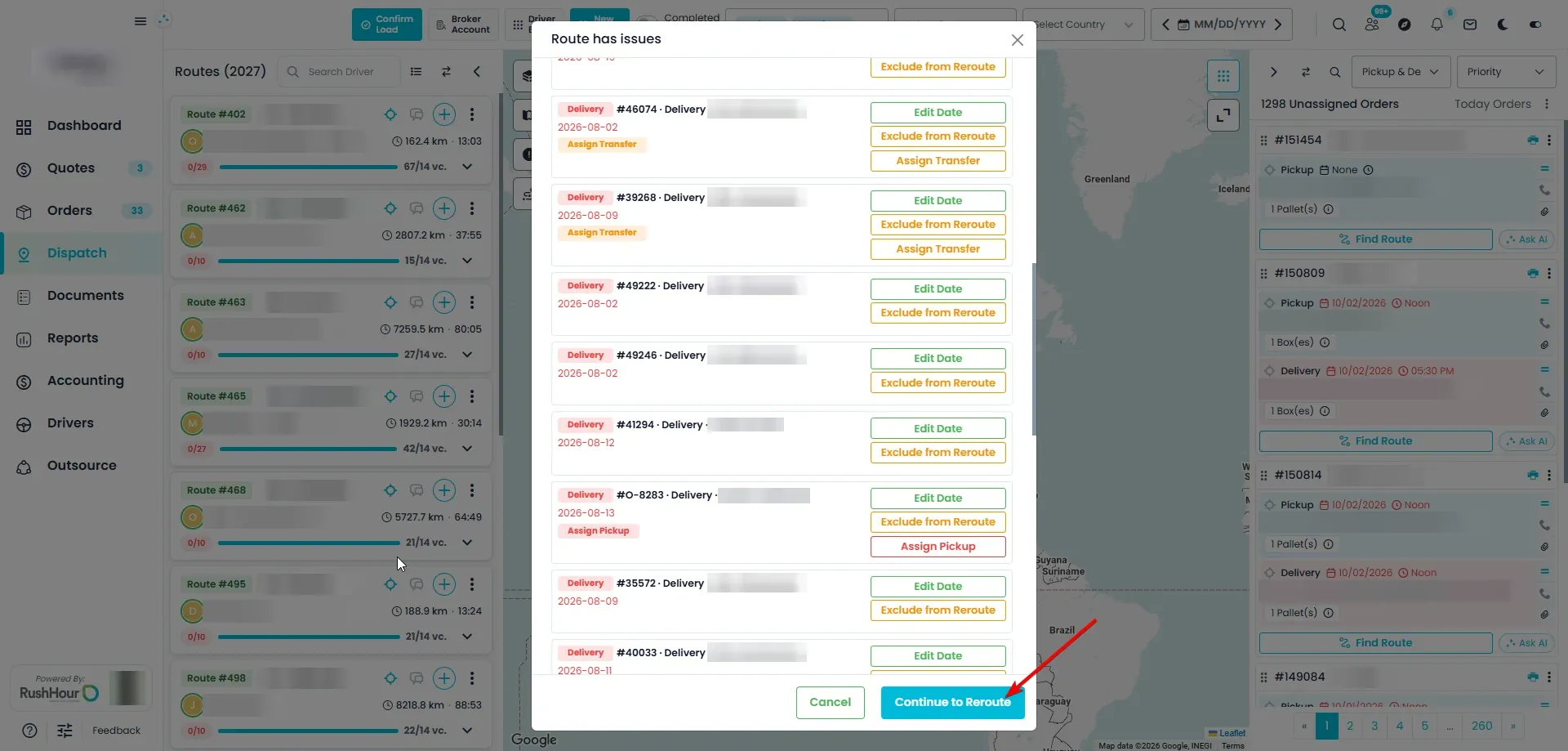The Route has issues window listing past-date deliveries with Edit Date, Exclude from Reroute, Assign Transfer and Assign Pickup buttons, and Cancel and Continue to Reroute at the bottom