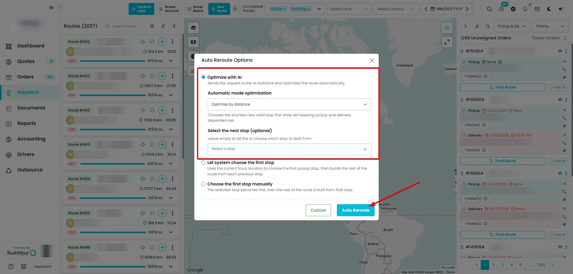 The Auto Reroute Options window with Optimize with AI selected, Optimize by distance under Automatic mode optimization and an empty Select the next stop (optional) field, above the Auto Reroute button