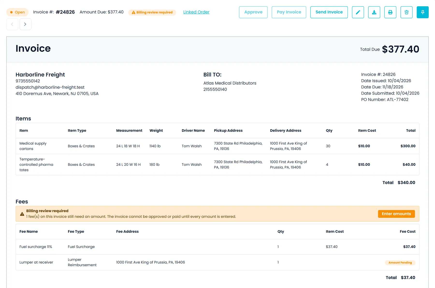 RushHour invoice preview with a fee showing Amount Pending, the Billing review required warning with its Enter amounts button, and Qty and Item Cost columns