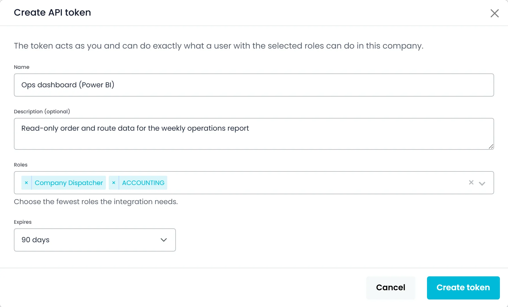 The Create API token window in the Company Portal, with a name, a description, the roles picked and an expiry of 90 days