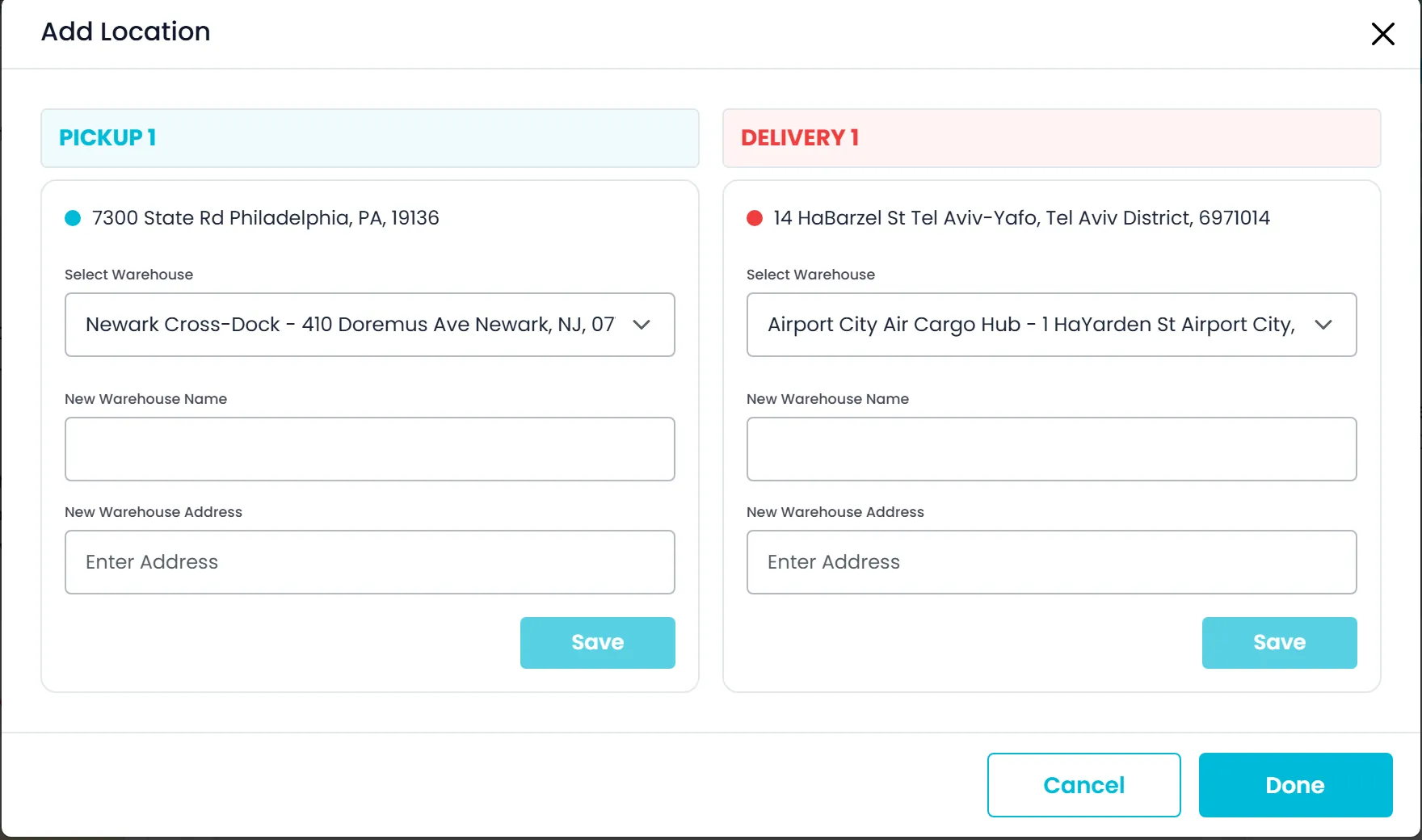 RushHour Add Location window choosing a hub warehouse for the pickup in Philadelphia and another for the delivery in Tel Aviv