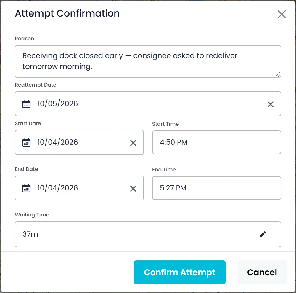 The Attempt Confirmation window on the dispatch board, with the failed attempt's reason, a re-attempt date, start and end times and the waiting time