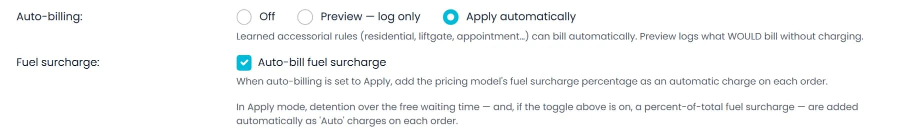 Settings → Billing in RushHour with Auto-billing set to Apply automatically, Auto-bill fuel surcharge ticked, and the notes that explain Preview and Apply
