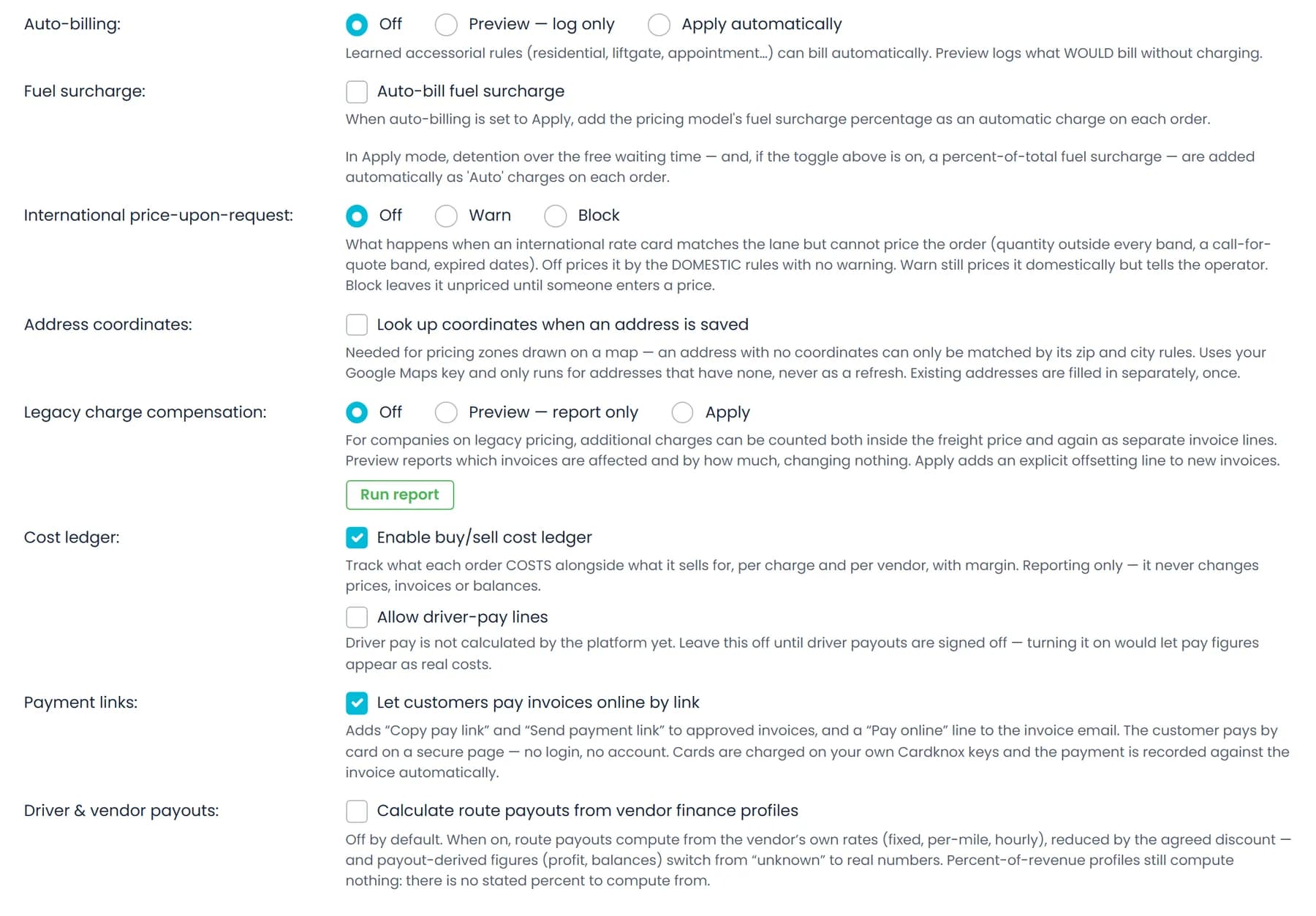 Settings → Billing in RushHour with the Cost ledger switch among the billing options