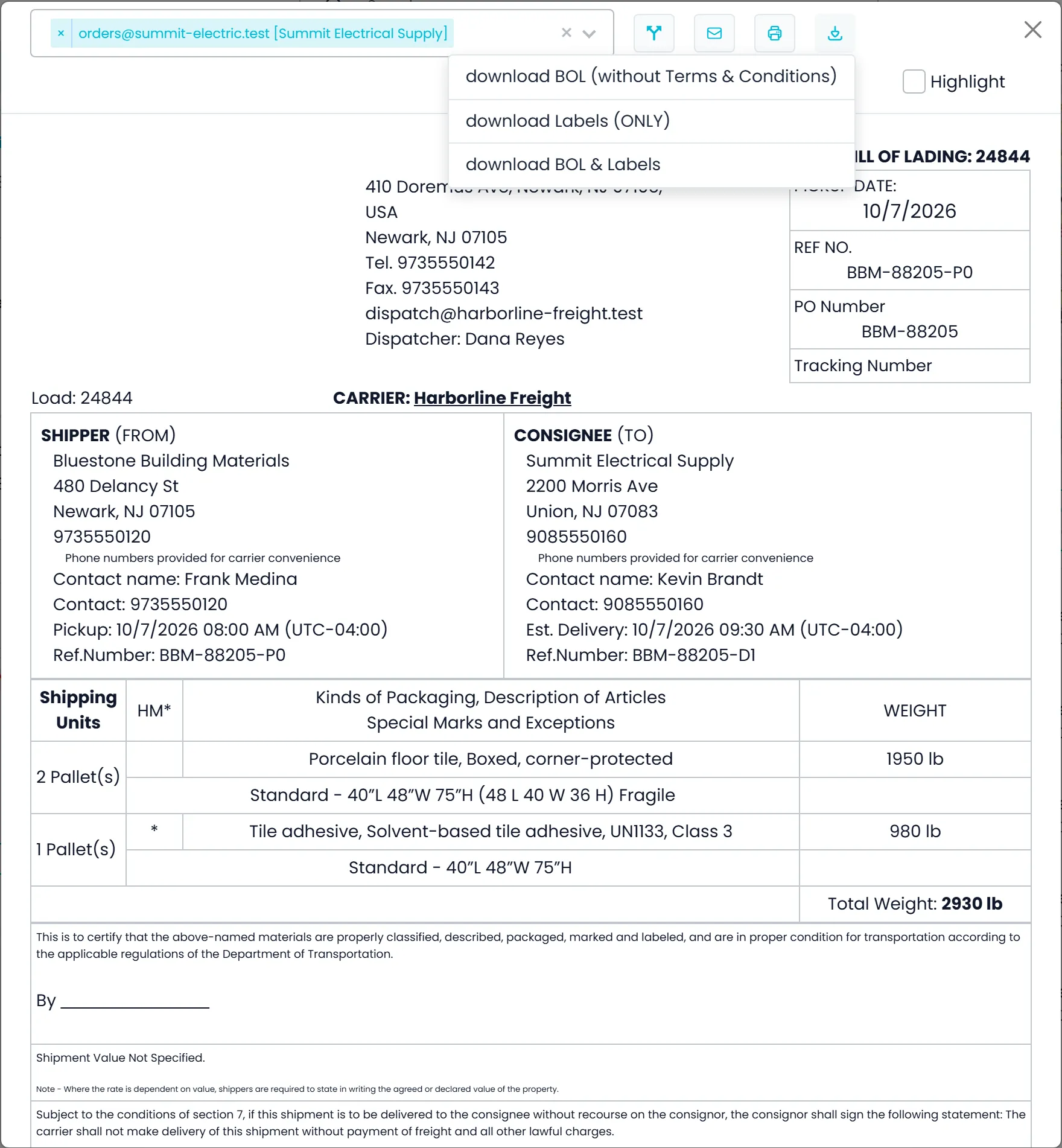 A bill of lading open in the Company Portal document viewer, with the Print, Download and Email options