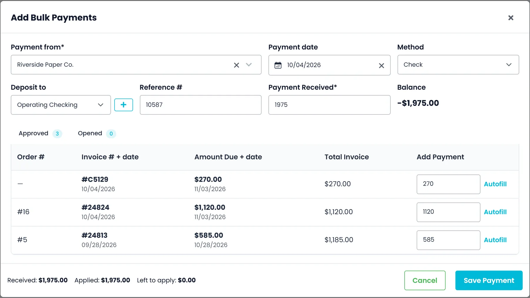 RushHour Add Bulk Payments: one check applied across three open invoices, with Received, Applied and Left to apply and a Deposit to account