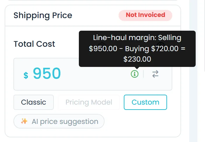 Order price box with the line-haul margin tooltip: selling price minus buying price