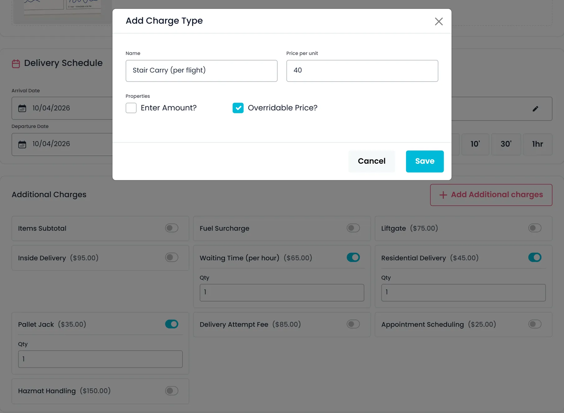 Stop confirmation window in RushHour on its Additional Charges section, with accessorial charges, their quantities and the form for creating a new charge