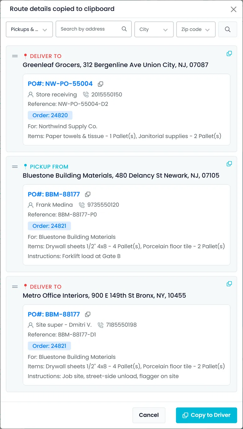 Copy Route for Driver window from the Dispatch board, with each stop's details, a button to copy the PO number and the option to send one message for stops at the same address