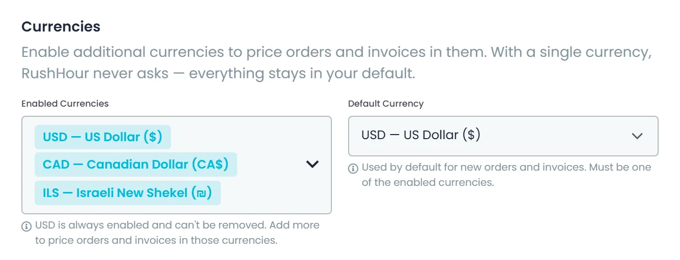 Settings, Profile, Currencies in RushHour with USD, CAD and ILS enabled and USD as the default