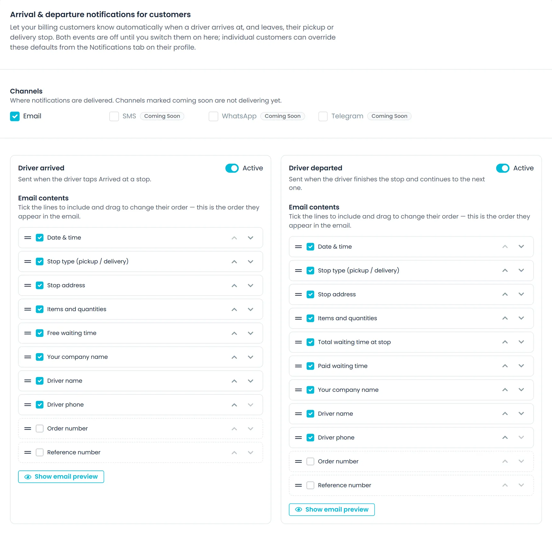 Settings → Customer Notifications in RushHour, with the Driver arrived and Driver departed emails switched on and the lines each email includes