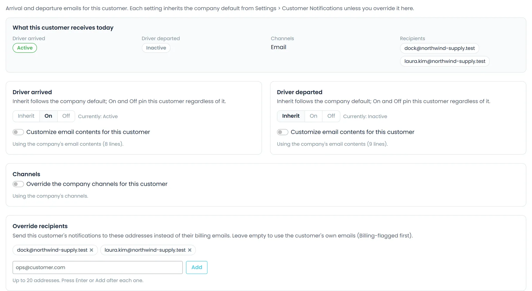 A customer's Notifications tab: a summary of what the customer receives today, Inherit, On and Off for Driver arrived and Driver departed, the channel override, and two override recipients with room for up to 20