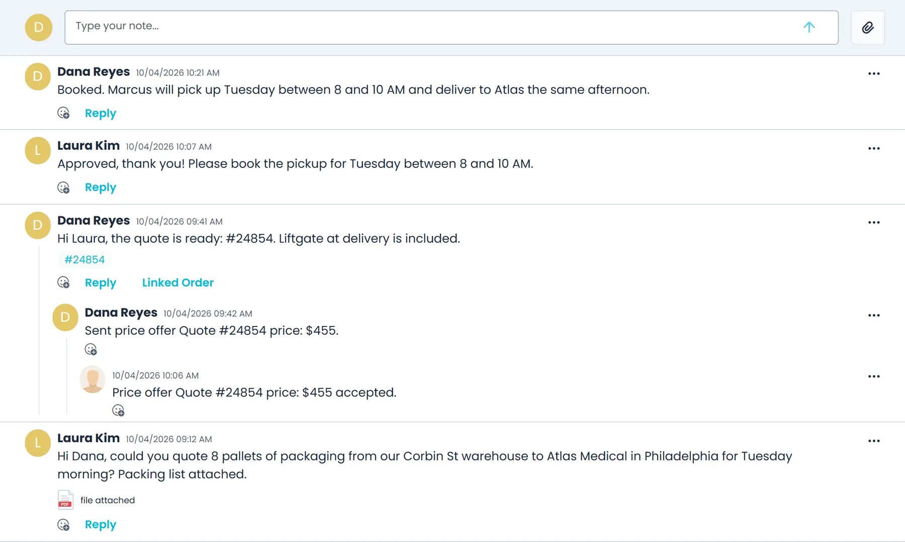 A customer's Inbox tab in the Company Portal, with a message thread, an attached file, a tagged order and a price offer marked Accepted
