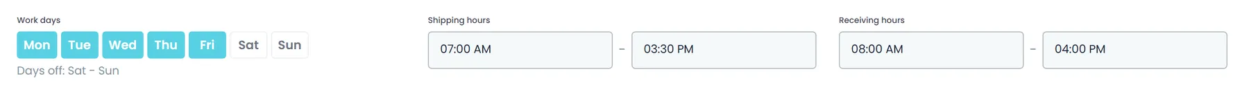 Customer work days in RushHour with Monday to Friday selected, shipping hours of 7:00 AM to 3:30 PM and receiving hours of 8:00 AM to 4:00 PM