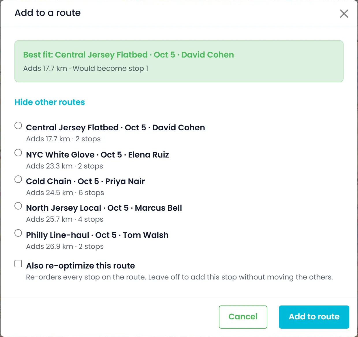 The Add to a route window showing the best-fit route, the distance it adds and the stop it would become, with the other routes and the distance each would add