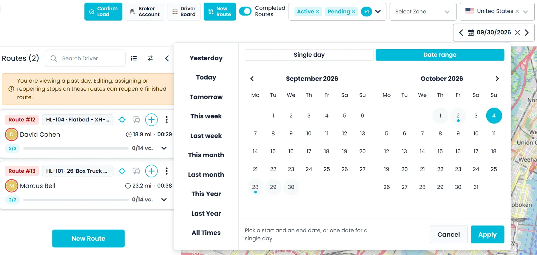 Dispatch board date control with quick dates and a date-range calendar