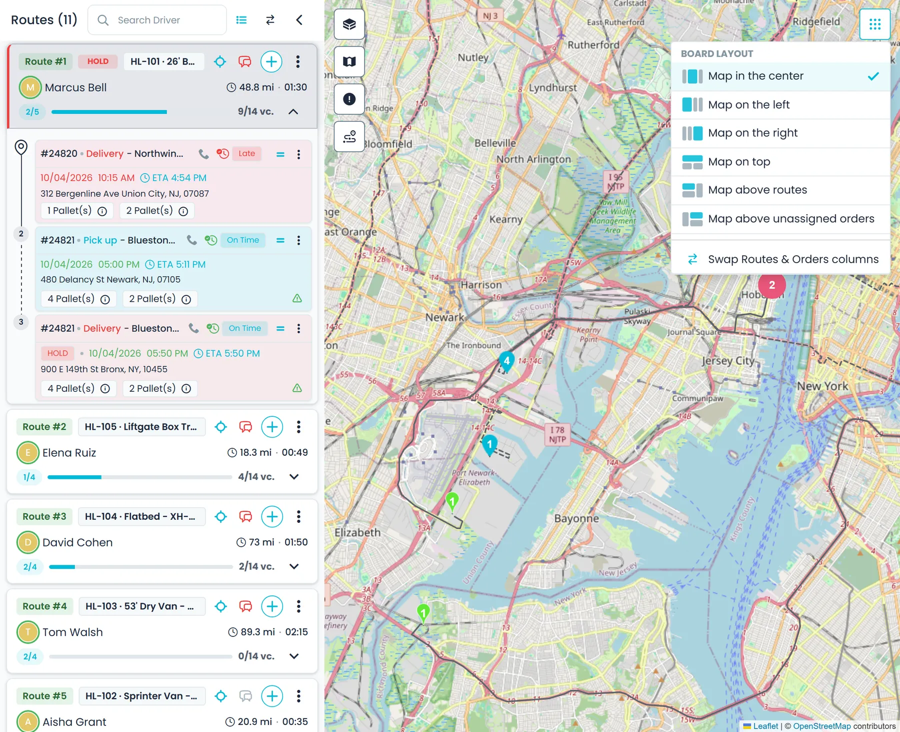 The board layout picker on the dispatch map, listing the map placements and the Swap Routes & Orders columns option