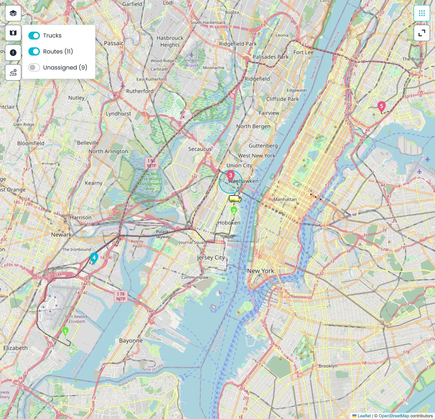 The dispatch board map with a route's numbered stops, the focused stop ringed, a truck marker on the Trucks layer, which is where linked Samsara trucks appear, and the Trucks, Routes and Unassigned layer toggles