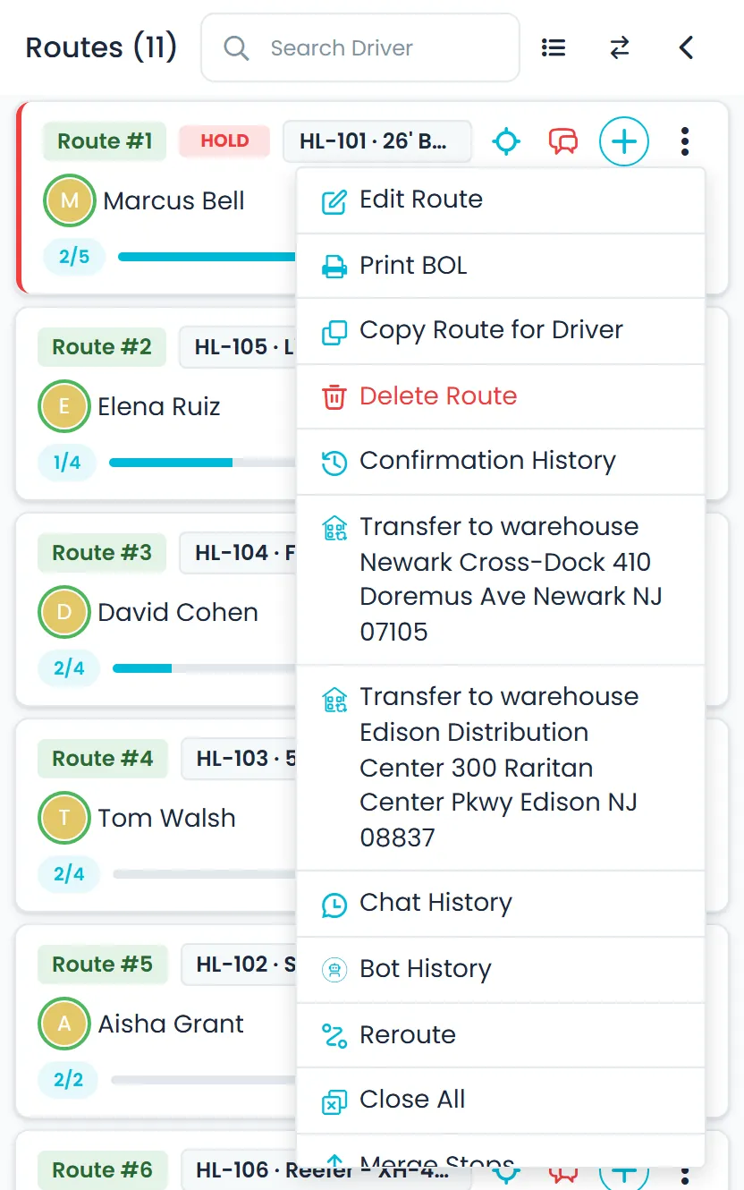 The route card menu on the RushHour Dispatch board, with a separate Transfer to warehouse entry for each of the company's warehouses, here Newark Cross-Dock and Edison Distribution Center