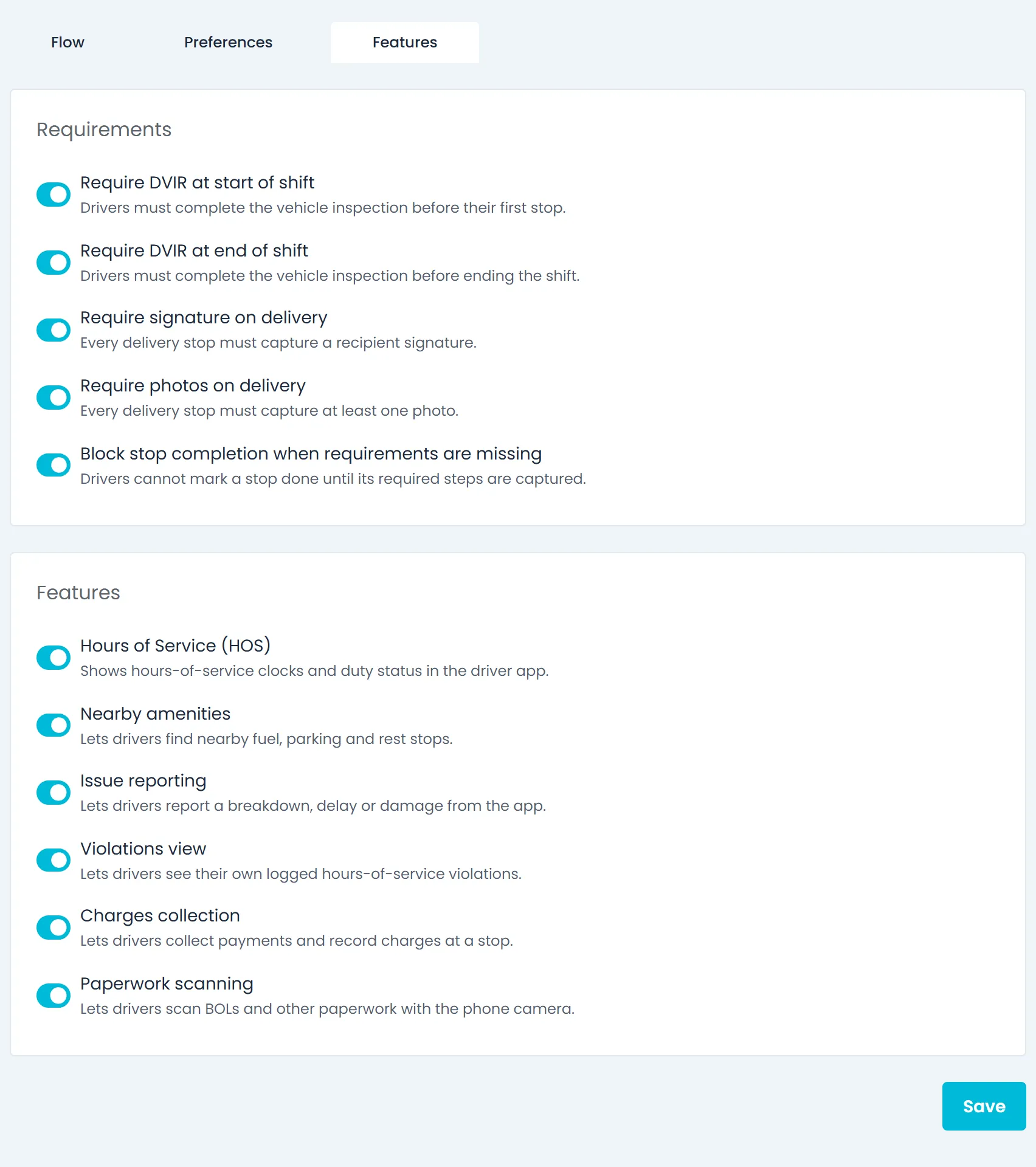Settings → Driver App → Features in the Company Portal, with the Issue reporting switch among the driver app features