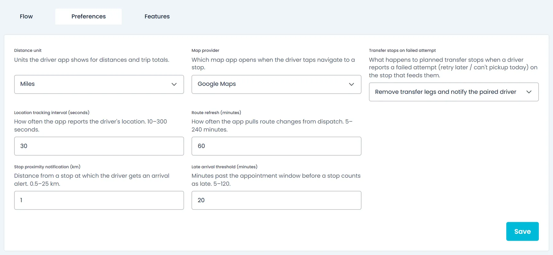Settings > Driver App > Preferences tab in the RushHour Company Portal, with fields including the distance unit, map provider, transfer stops on failed attempt, location tracking interval, route refresh and stop proximity