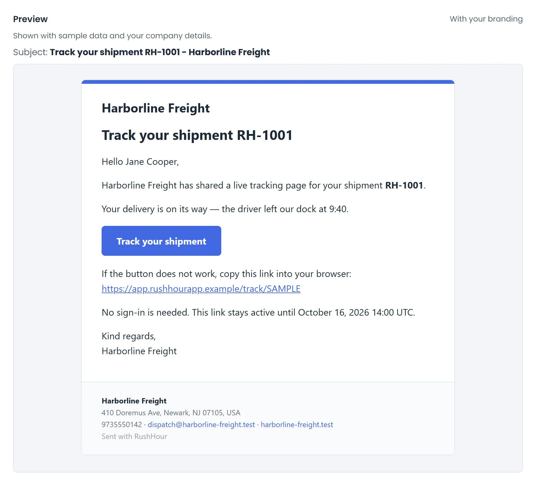 Preview of a branded Shipment tracking link email: an accent-color band, the company name in place of a logo, a Track your shipment button, and a footer with the company's address, phone, email and website