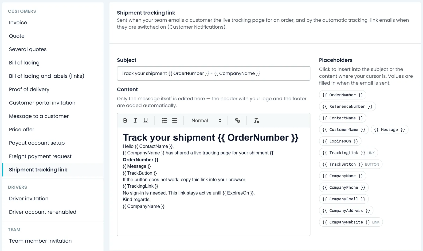 Settings > Email Templates: the Customers and Drivers lists and the start of the Team list, with Shipment tracking link open in the editor beside its subject, content and clickable placeholders