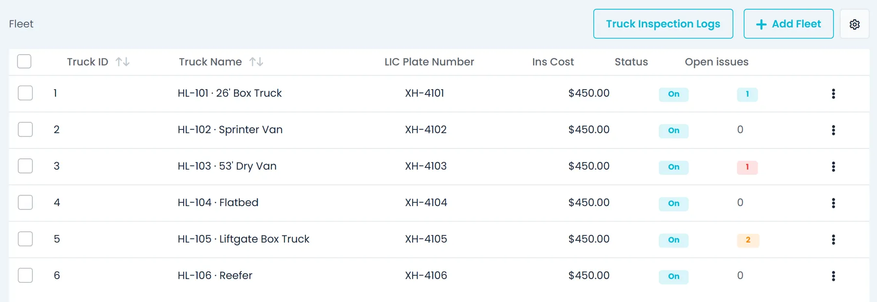 Settings → Fleet list in the Company Portal with the Open issues column and colored count badges on trucks with open issues