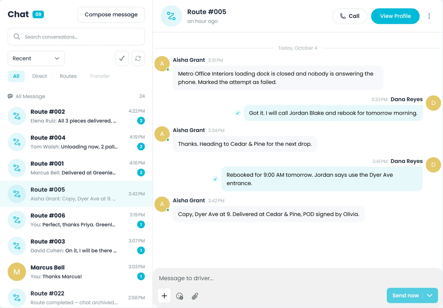 Inbox → Chat in the RushHour Company Portal, with conversations under All, Direct and Routes, unread counts, and a route conversation open beside the list