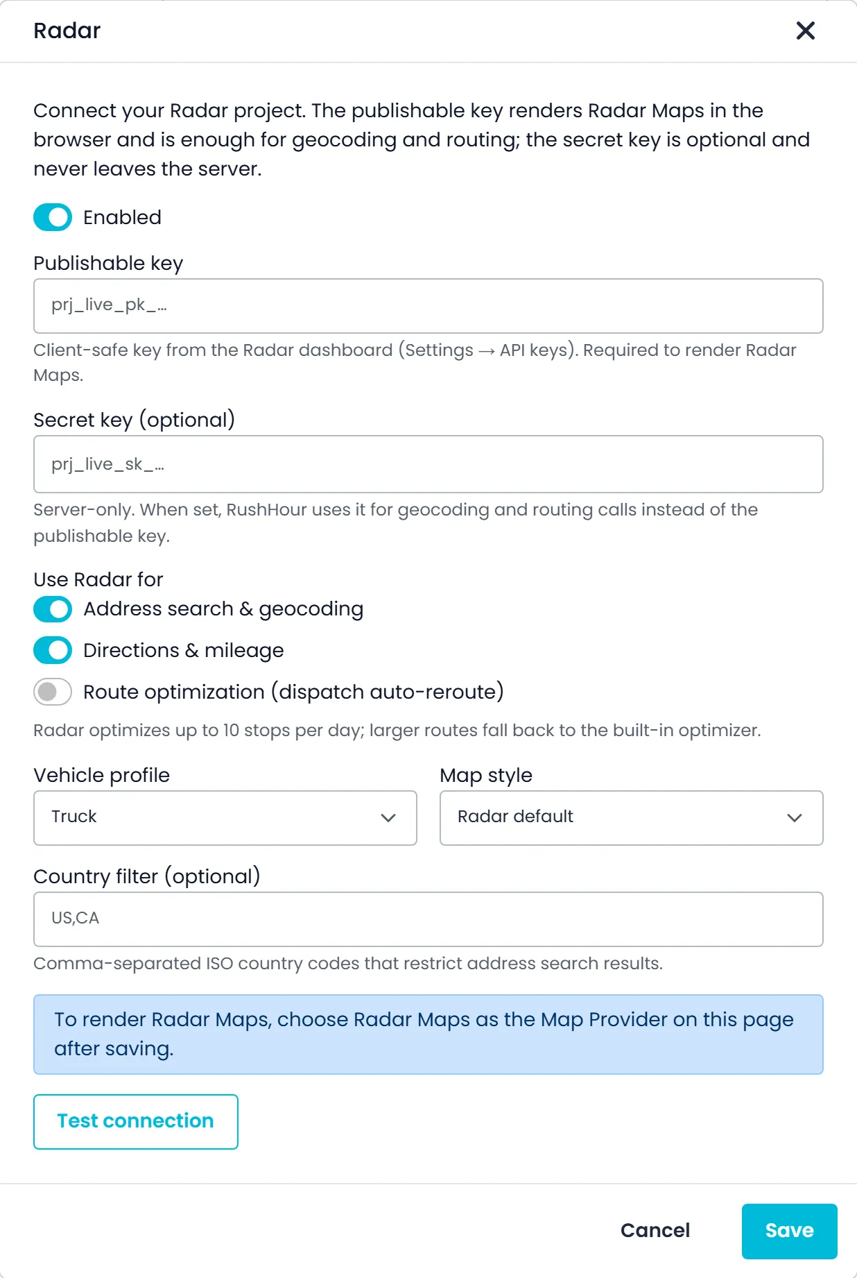 The Radar connection window in Settings > Integrations, with the publishable key and optional secret key, separate switches for address search, directions and route optimization, the Truck vehicle profile and the map style