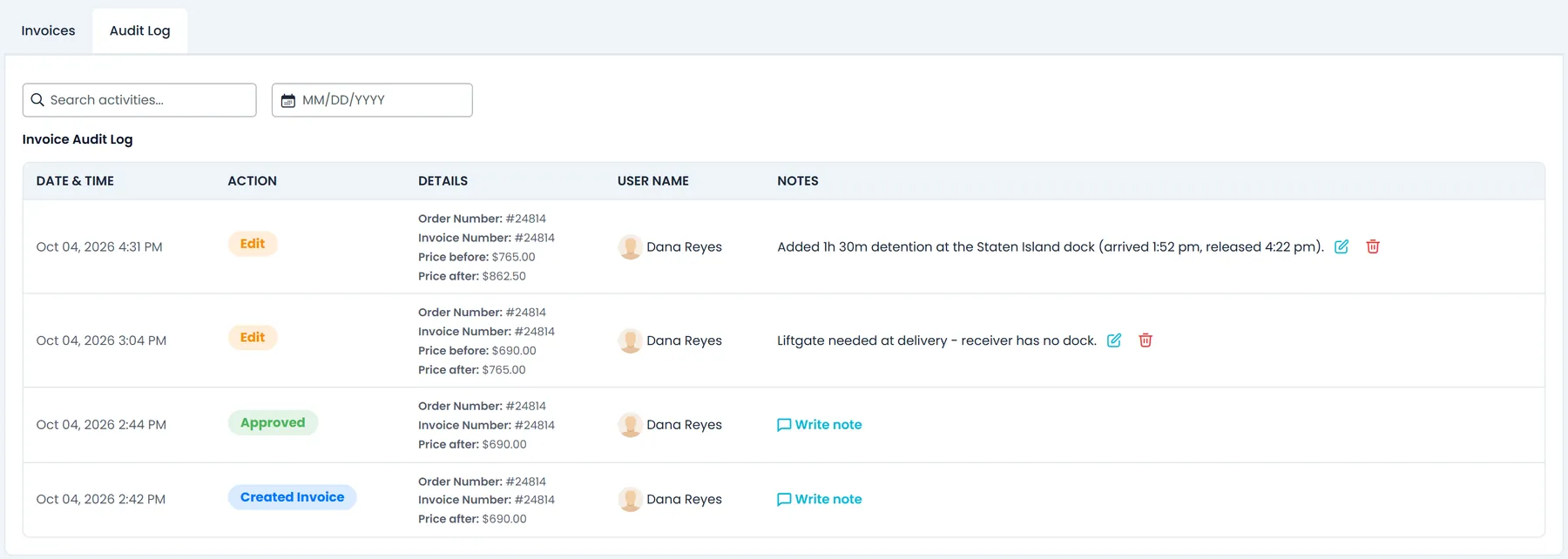 RushHour invoice Audit Log tab for one order: Created Invoice, Approved and two Edit entries with the price before and after, the user, and a note on each edit