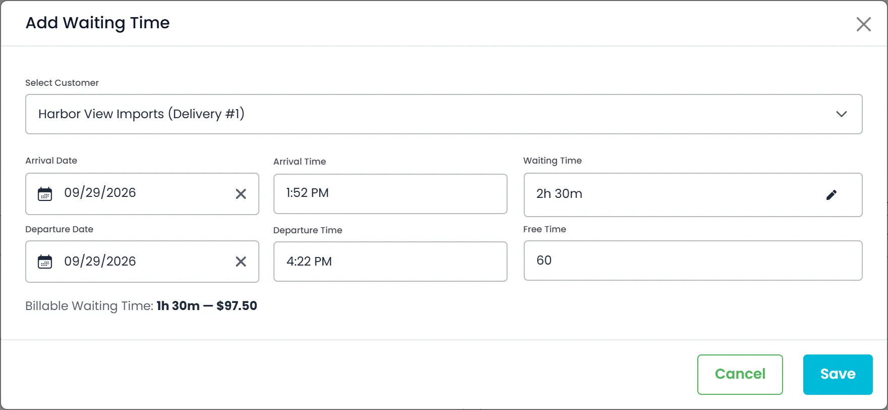 Add Waiting Time window on a RushHour invoice, with a stop selected, arrival and departure times, free time and the priced waiting-time fee