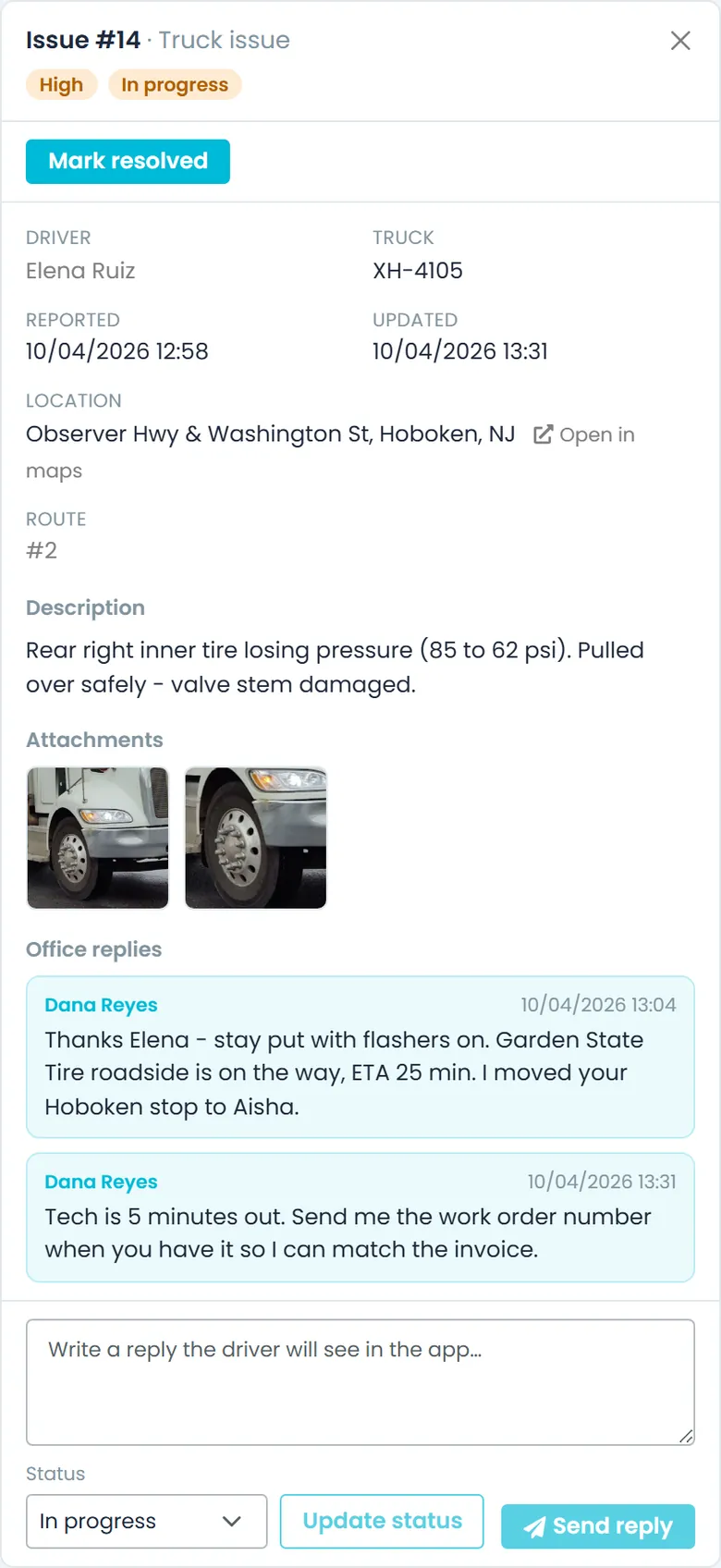 An open issue in the Company Portal: the driver's description, photo thumbnails, the location with Open in maps, the reply thread and the status control