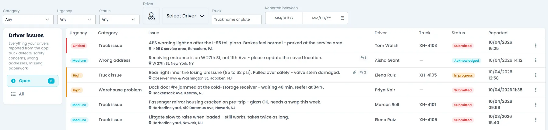 Issues page in the Company Portal: the Open view with urgency badges, category, driver, truck and status columns, and the filter bar