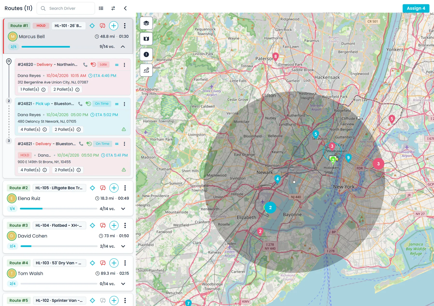 Dispatch map with a 10-mile selection circle around unassigned pickups and the Assign button above the map