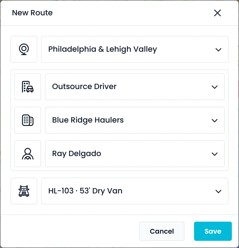The New Route window with Outsource Driver selected, the carrier company, one of its drivers, a truck and a zone