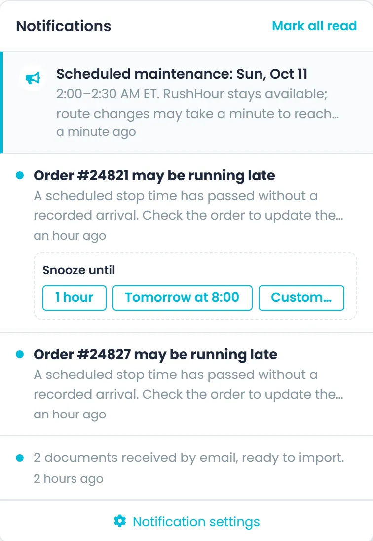 The notification bell panel in the Company Portal, with a late-delivery alert, a pinned announcement, a documents alert and the snooze options