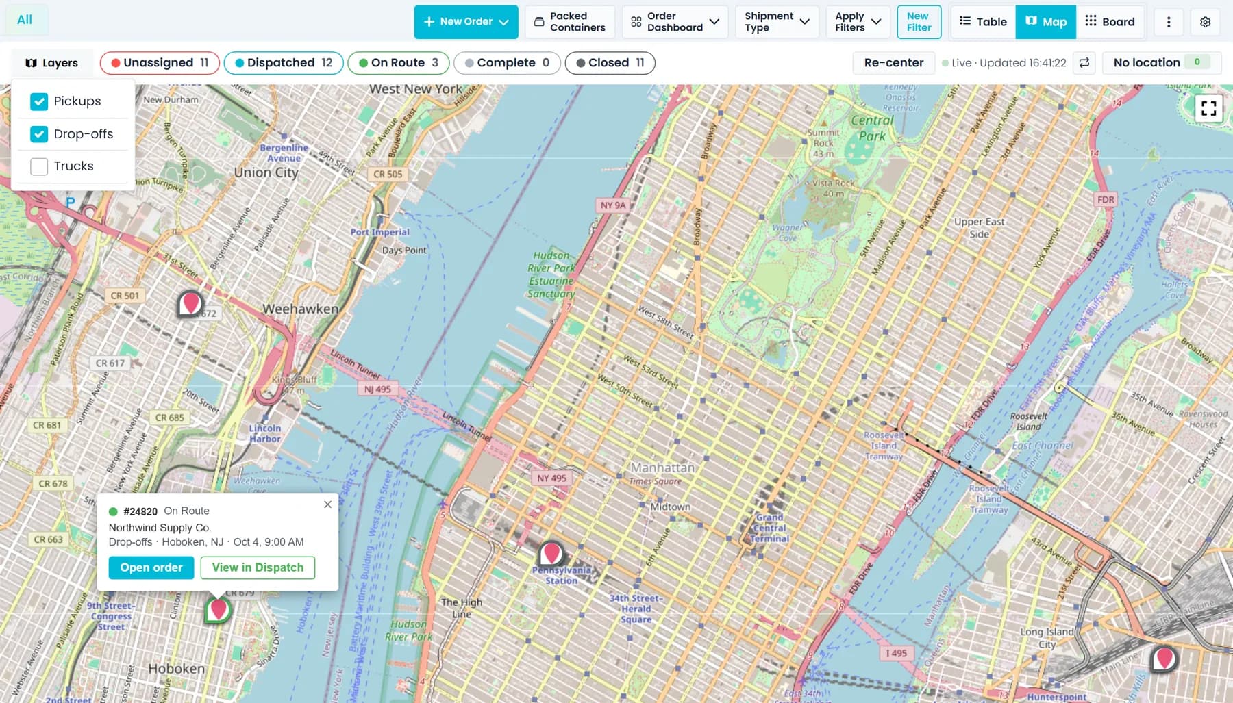 Orders Map view with status filter chips, the Layers menu for pickups, drop-offs and trucks, a live update time, the No location counter and a pin popover with Open order and View in Dispatch
