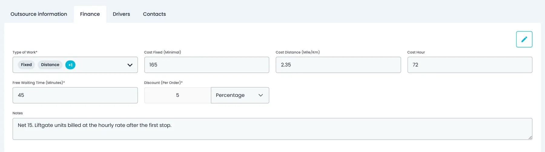 RushHour carrier record on the Finance tab, with fixed, per-distance and hourly costs, free waiting time and a discount per order