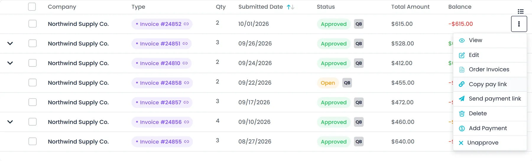 The … menu of an approved invoice in Accounting, with the payment link actions