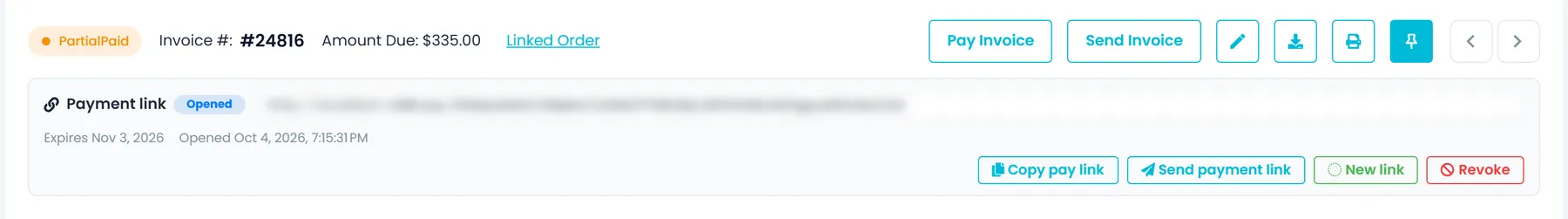 The Payment link panel in an invoice preview: link status, expiry date, New link and Revoke