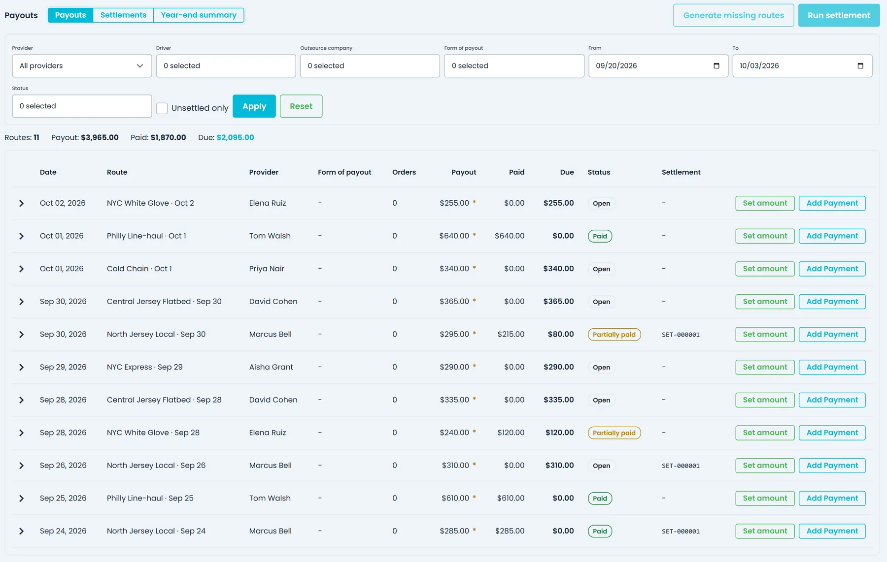RushHour Payouts page listing driver routes with payout, paid, due and status, filters for provider, dates and Unsettled only, and Set amount and Add Payment on each route
