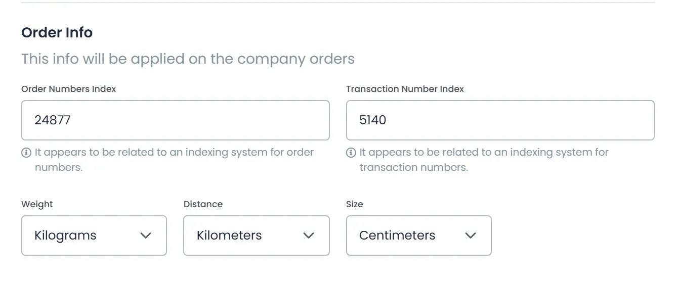Settings → Profile in edit mode: the order number and transaction number indexes, with weight in kilograms, distance in kilometers and size in centimeters