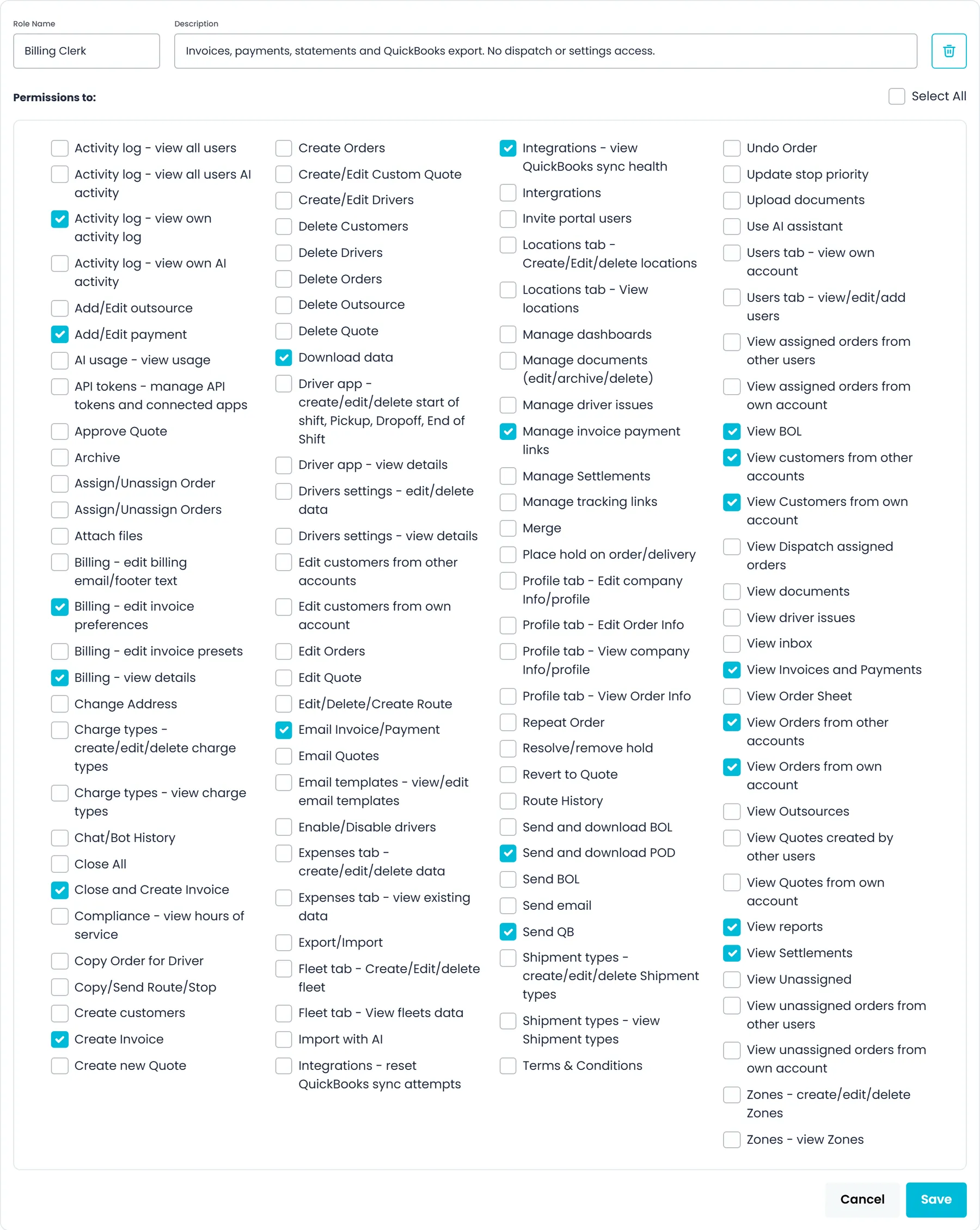 RushHour Settings > Users > Roles, editing a custom role with its name, description and permission checklist