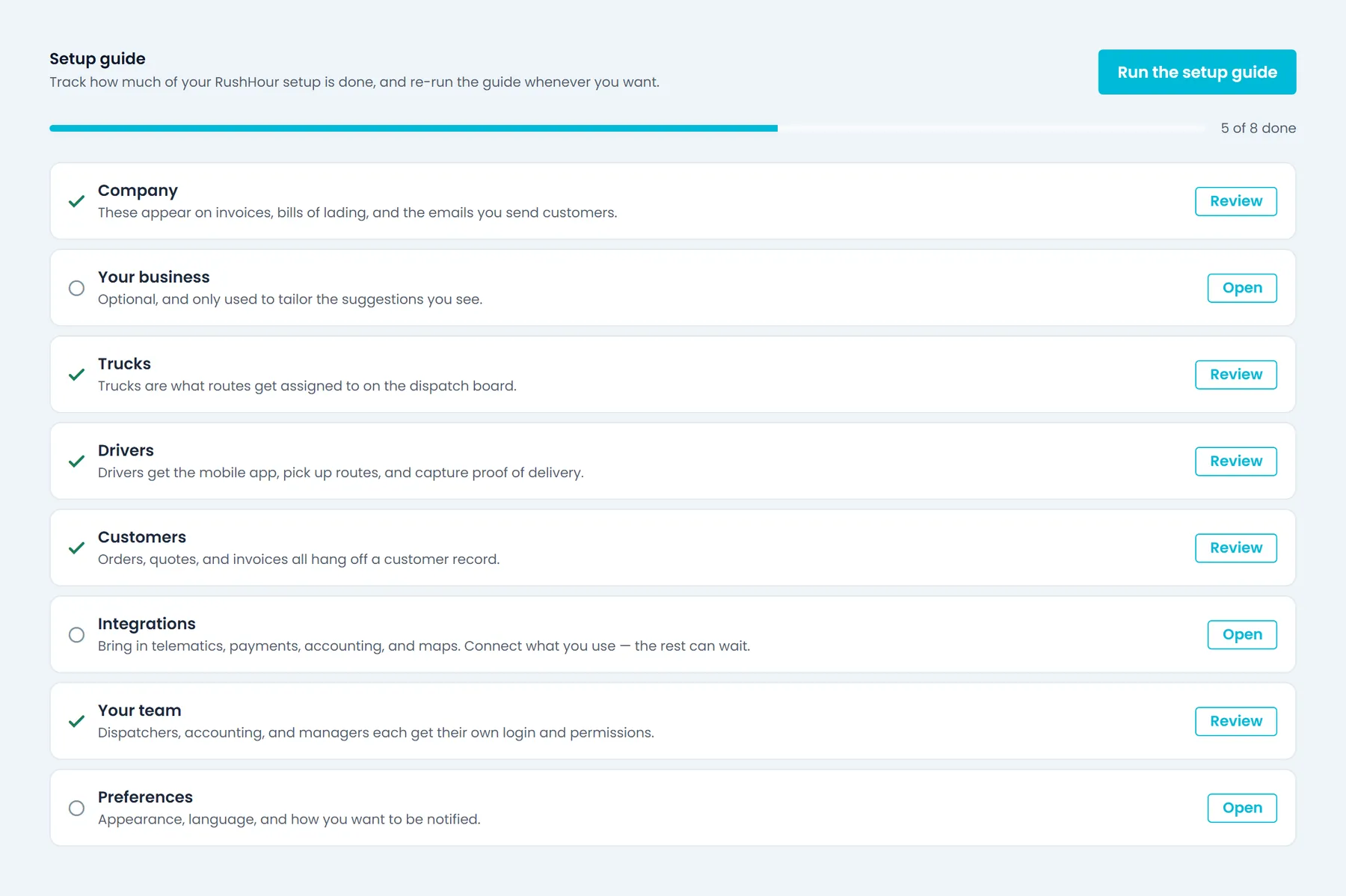 Settings → Setup guide: the checklist with a progress bar, finished steps ticked and outstanding steps ready to open